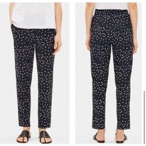 Eileen Fisher Pullon Organic Cotton Elastic Waist Pants Sz L Black White Dotted